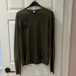 Vintage Buffalo David Bitton Sweater Army Green Large Elbow Patches EUC